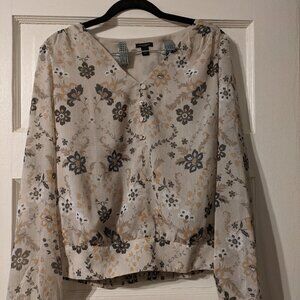 Ann Taylor Factor long sleeve beige print blouse, size Small